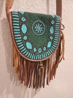 Boho Beaded Fringe Crossbody Bag in Teal and Brown